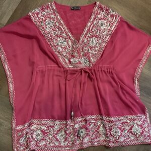 Casting Womens Kaftan Tunic‎ Top Fuchsia Pink OS Boho Embroidered Sheer
